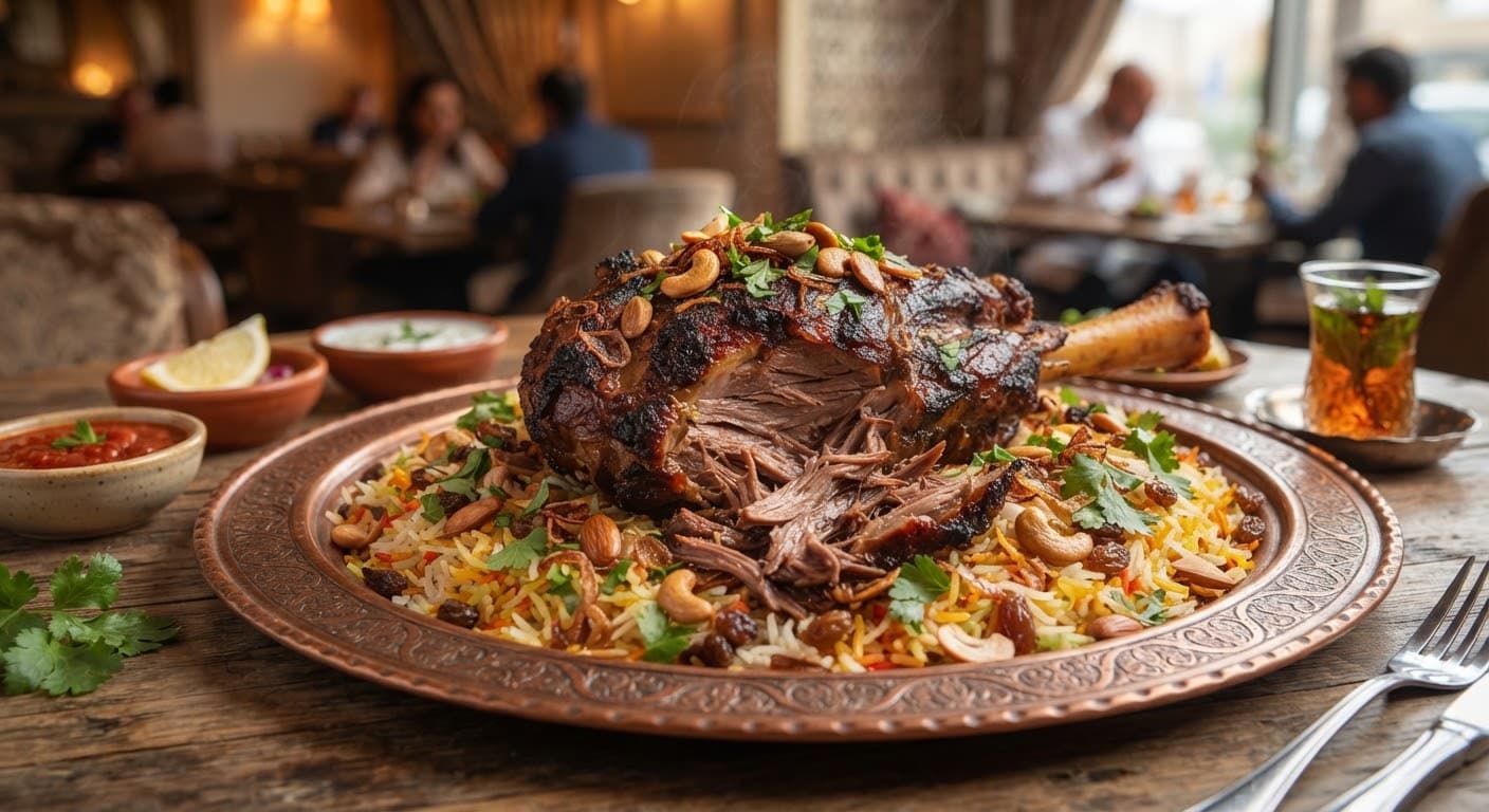 Slow-cooked lamb Mandi with rice and herbs.