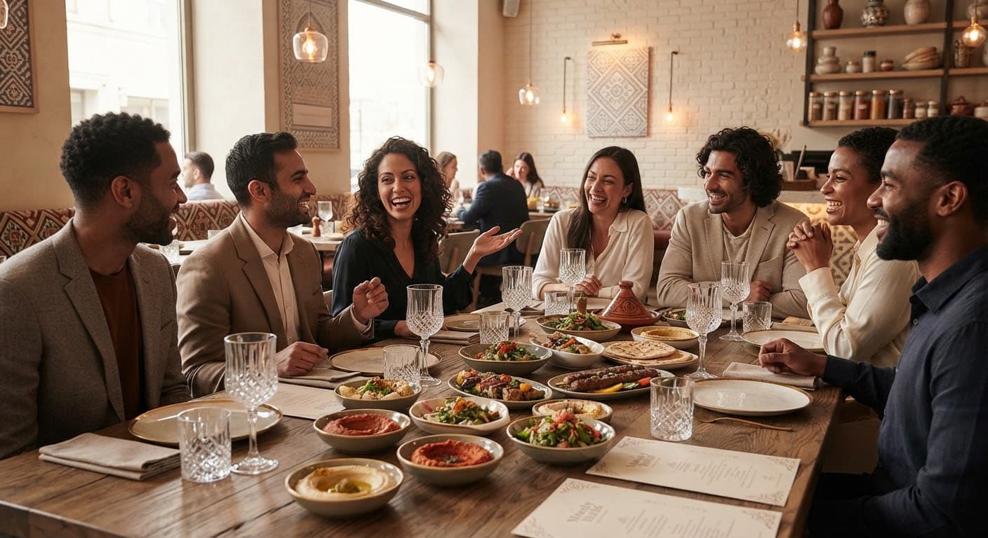 Guests enjoying a meal around a large table at Mandy Hatab.