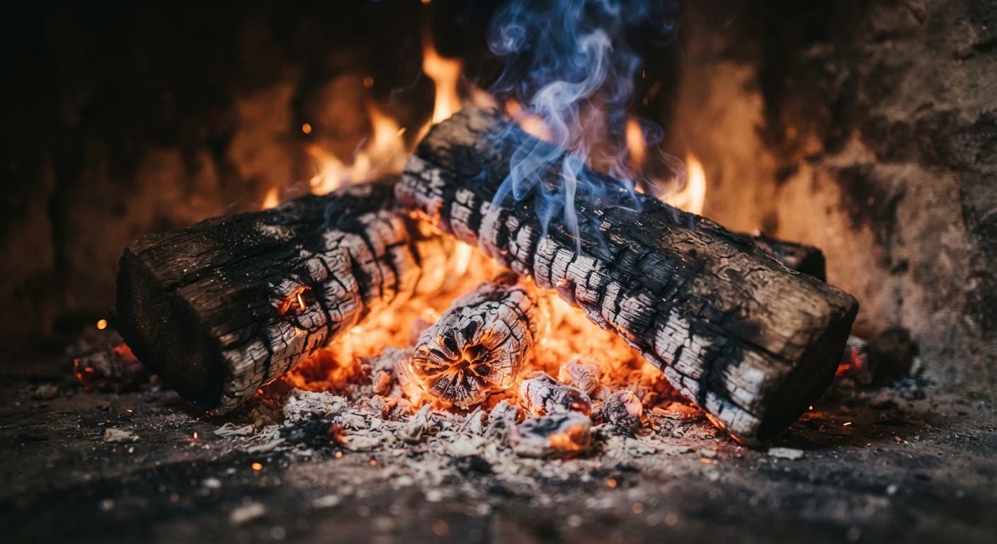 Macro photography of olive wood burning with glowing red embers and wisps of smoke.