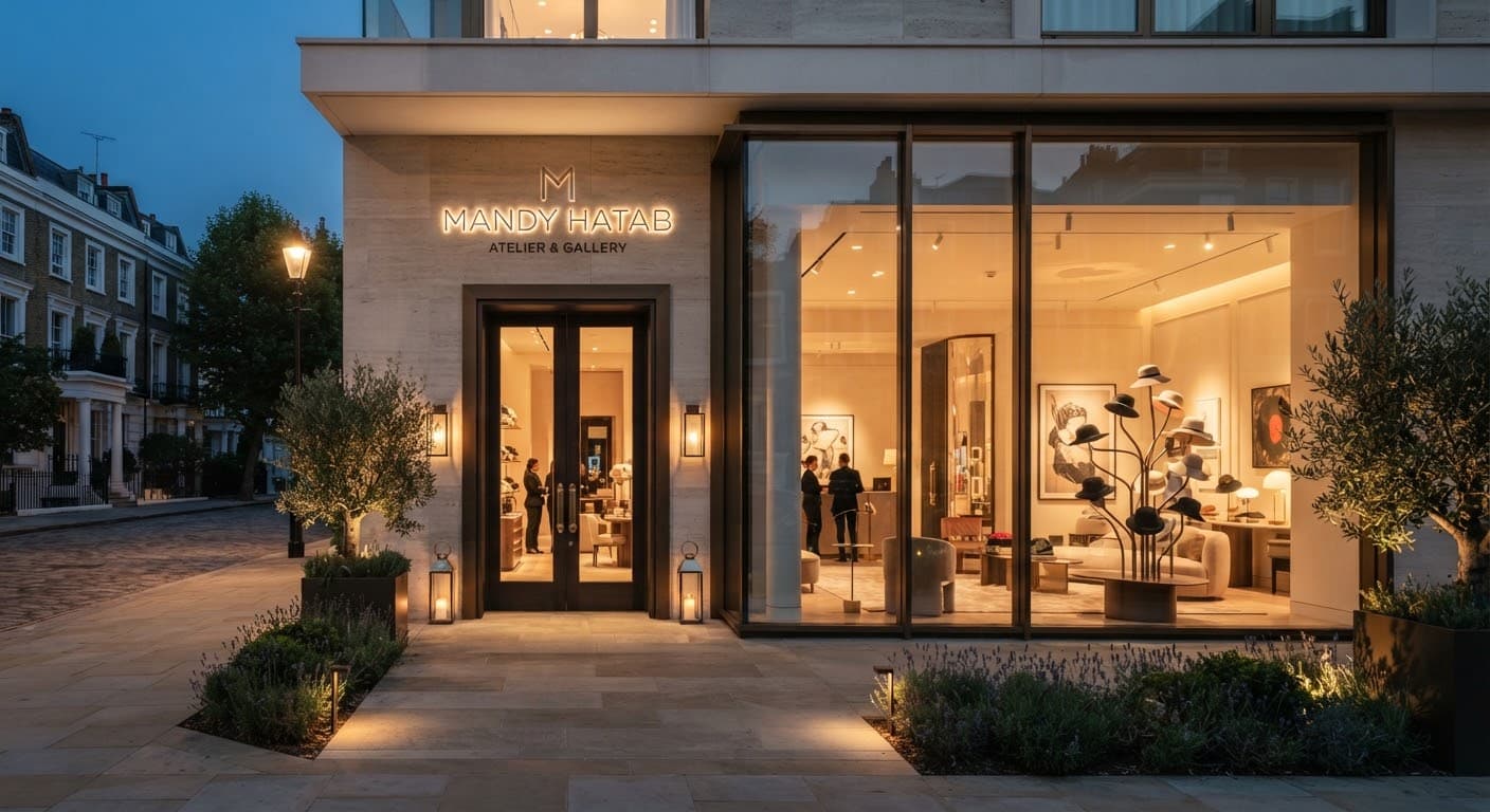 Evening shot of the Mandy Hatab entrance with warm exterior lighting and glass windows.
