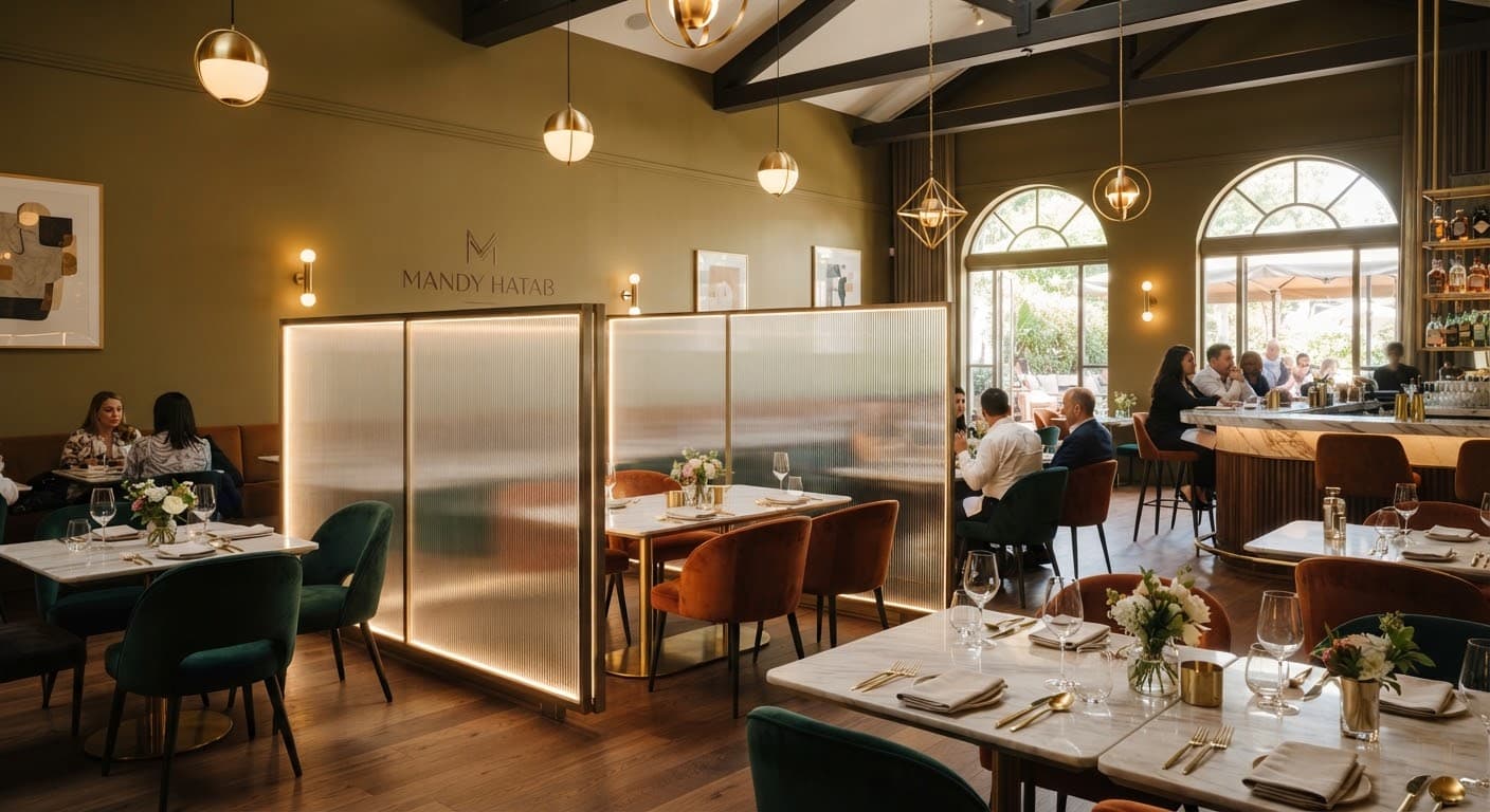 Interior view of Mandy Hatab with olive-toned walls, gold pendants, and refined seating.