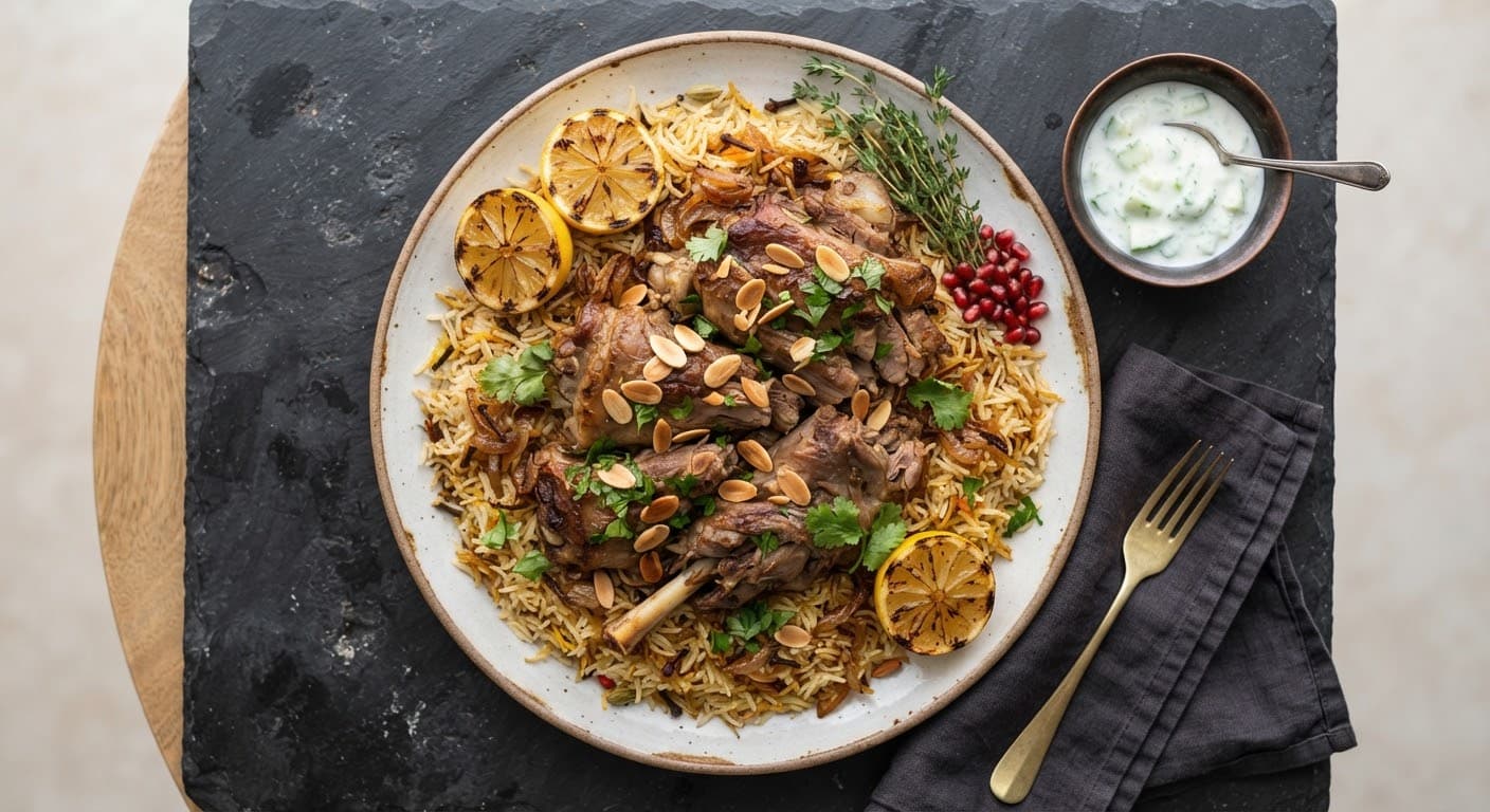 Top-down shot of signature Mandi lamb on basmati rice with charred lemons and herbs.