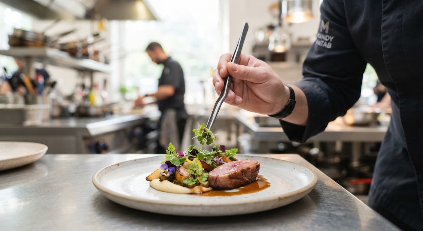 Chef's hand delicately garnishing a plated dish with tweezers in a professional kitchen.