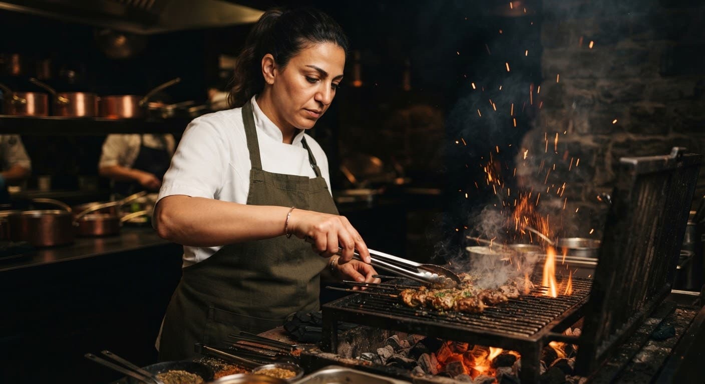Chef preparing food over charcoal at Mandy Hatab.