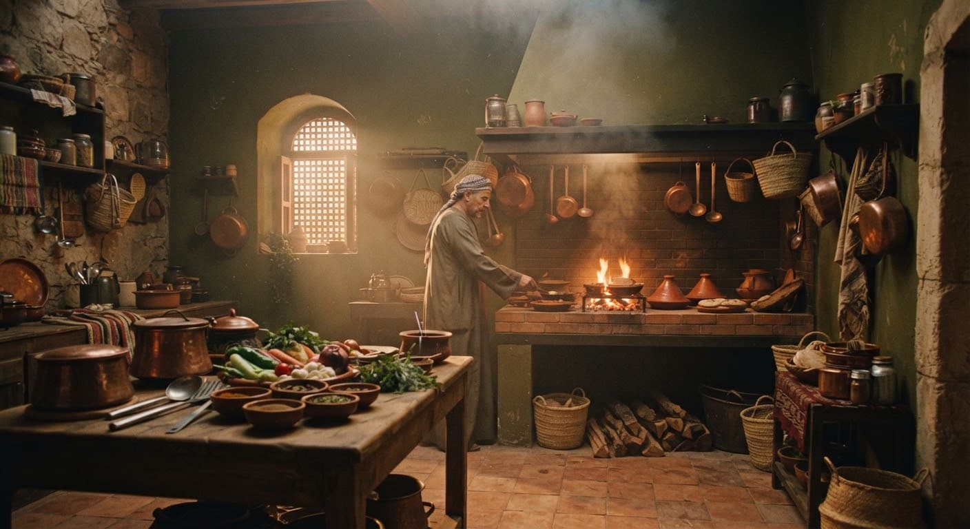 Traditional kitchen with wood smoke and glowing embers at Mandy Hatab.