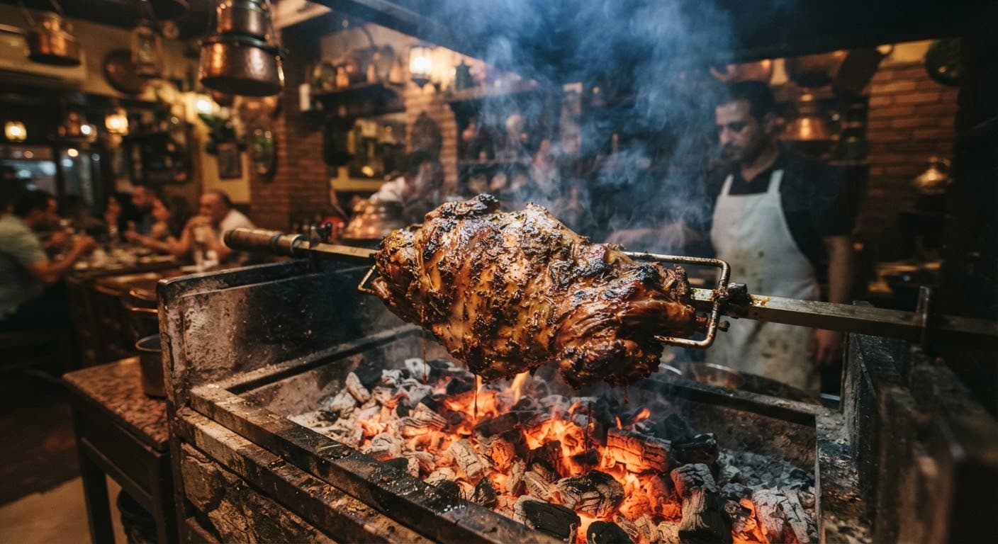 Egyptian lamb slow-roasting over glowing charcoal embers in a wood-fired grill.