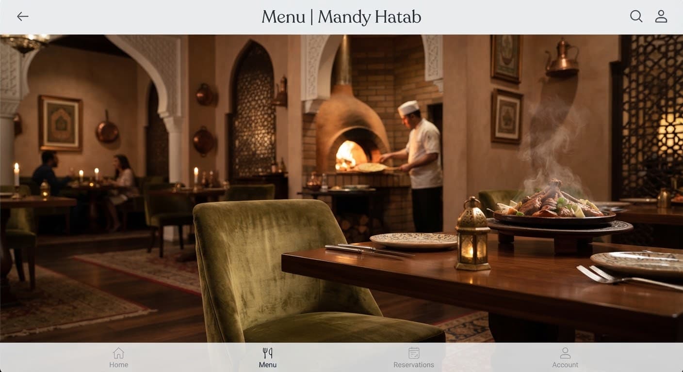Mandy Hatab restaurant dining room with warm lighting.
